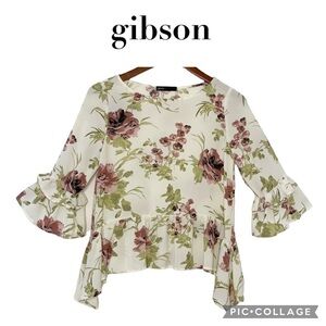 Gibson ruffled peplum 3/4 bell sleeves floral top petite small